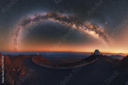 Stunning view of the Milky Way arching over a mountain observatory at twilight