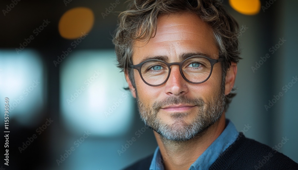 A man with curly hair and glasses smiles confidently in a cozy indoor environment A man with curly hair and glasses smiles confidently in a cozy indoor environment