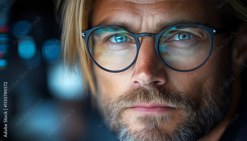 Man with long hair and glasses stares intensely, illuminated by soft, ambient light Man with long hair and glasses stares intensely, illuminated by soft, ambient light