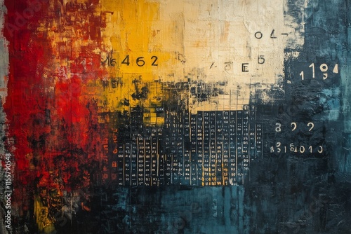 Colorful abstract wall art in urban space showcasing vibrant patterns and tex...