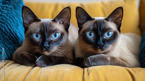 Siamese cats relaxing together on a vintage orange velvet couch in a cozy ind...