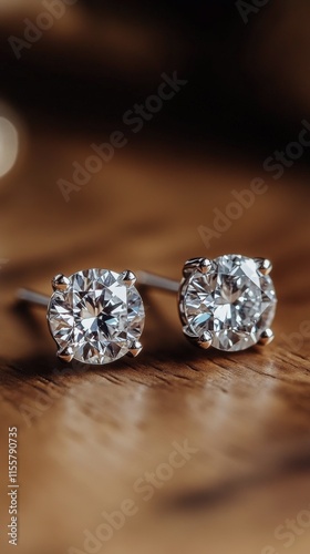 Brilliant diamond earrings showcasing intricate design and sparkle on a woode...