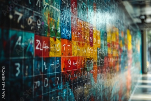 Colorful abstract wall art in urban space showcasing vibrant patterns and tex...