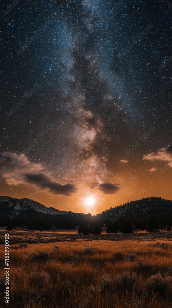Stunning night sky illuminated by moonlight and clouds over rugged landscape Stunning night sky illuminated by moonlight and clouds over rugged landscape