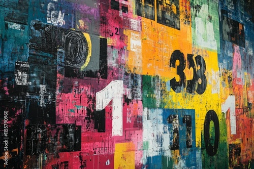 Colorful abstract wall art in urban space showcasing vibrant patterns and tex...