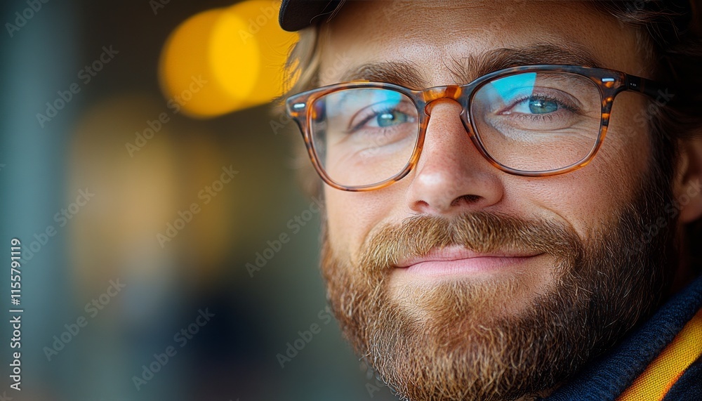 A man with glasses and a beard smiles cheerfully in a softly lit environment A man with glasses and a beard smiles cheerfully in a softly lit environment