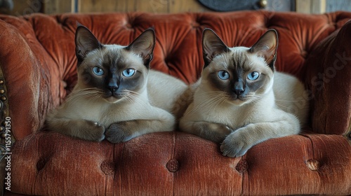 Siamese cats relaxing together on a vintage orange velvet couch in a cozy ind...