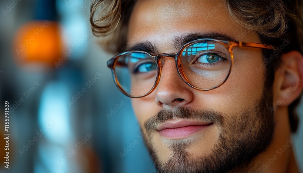 A young man with medium-length hair and glasses smiles while sitting inside a modern cafe A young man with medium-length hair and glasses smiles while sitting inside a modern cafe