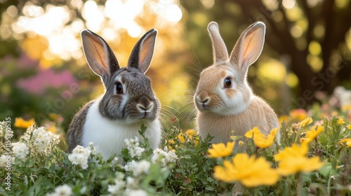 Two rabbits enjoy fresh grass at sunset in a serene garden setting