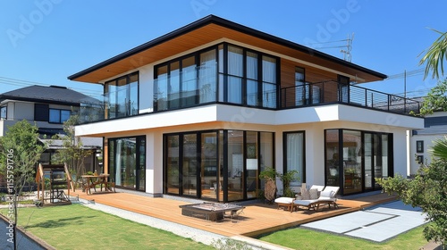 Modern two-story house with large windows and outdoor seating in a sunny neig...