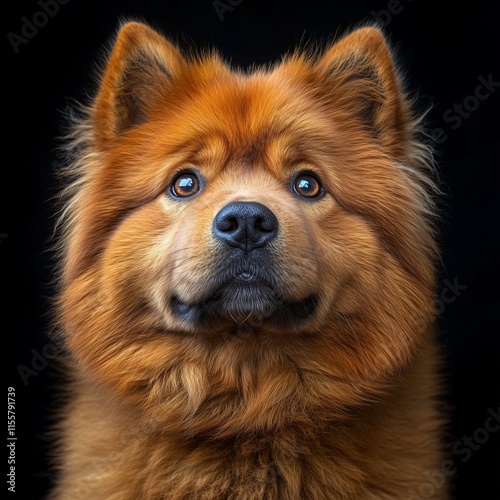 Fluffy chow chow dog with rich red fur against black background photo