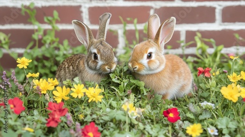 Two rabbits enjoy fresh grass at sunset in a serene garden setting