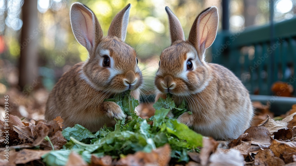 Fototapeta premium Two rabbits enjoy fresh grass at sunset in a serene garden setting