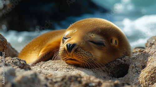 Sleeping baby seal rests peacefully on a rock by the waters edge in a serene ...