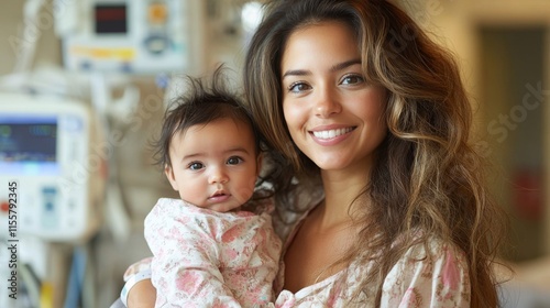 Joyful mother holding smiling baby in cozy indoor setting during bright morni...