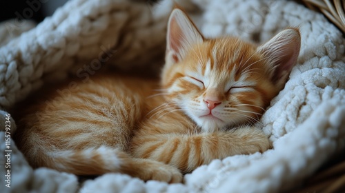 Playful kitten curled up in cozy knitted blanket, resting comfortably with a ...