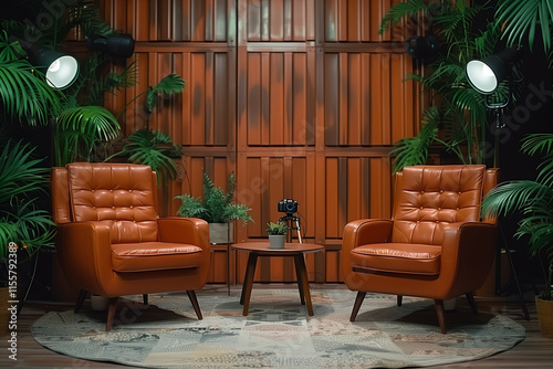 An inviting podcast studio setup featuring two stylish orange leather chairs, wooden paneling, and lush indoor plants