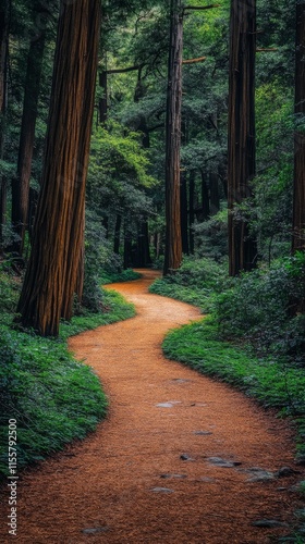 Winding path through lush forest with tall trees during daylight