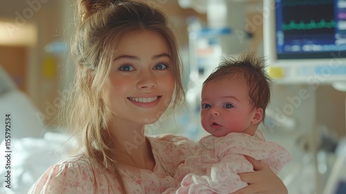 Joyful mother holding smiling baby in cozy indoor setting during bright morni...