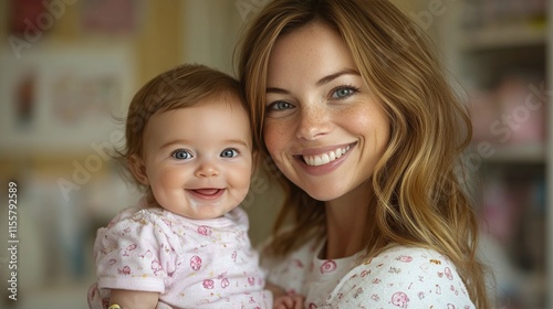 Joyful mother holding smiling baby in cozy indoor setting during bright morni...