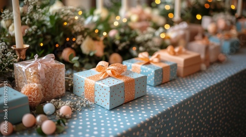 Decorative table arrangement with gifts and flowers for a festive celebration