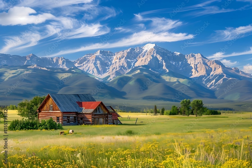Beautiful alpine landscape with old farmhouse and mountains in background. Beautiful alpine landscape with old farmhouse and mountains in background.