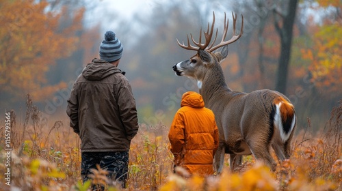 Two hunters observing a majestic buck in a forest during autumn