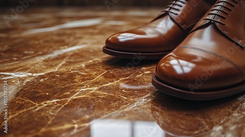 Polished black dress shoes on elegant marble floor in stylish modern setting
