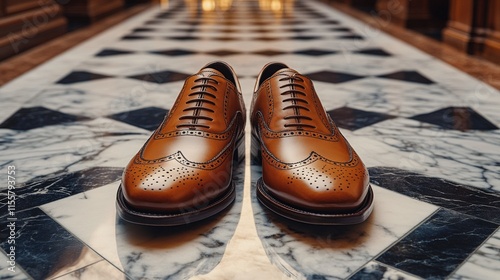 Polished black dress shoes on elegant marble floor in stylish modern setting