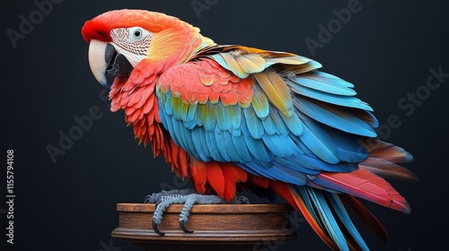 Colorful parrot perched on a wooden post against a dark background