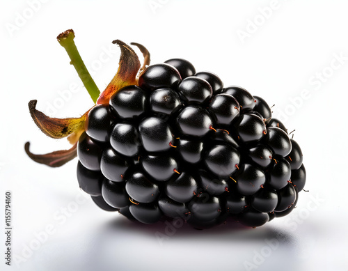 A single plump blackberry with deep black-purple color and natural bumpy texture, isolated on a pure white background, showcasing its glossy and juicy appearance photo