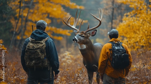 Two hunters observing a majestic buck in a forest during autumn
