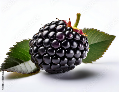 A single plump blackberry with deep black-purple color and natural bumpy texture, isolated on a pure white background, showcasing its glossy and juicy appearance photo