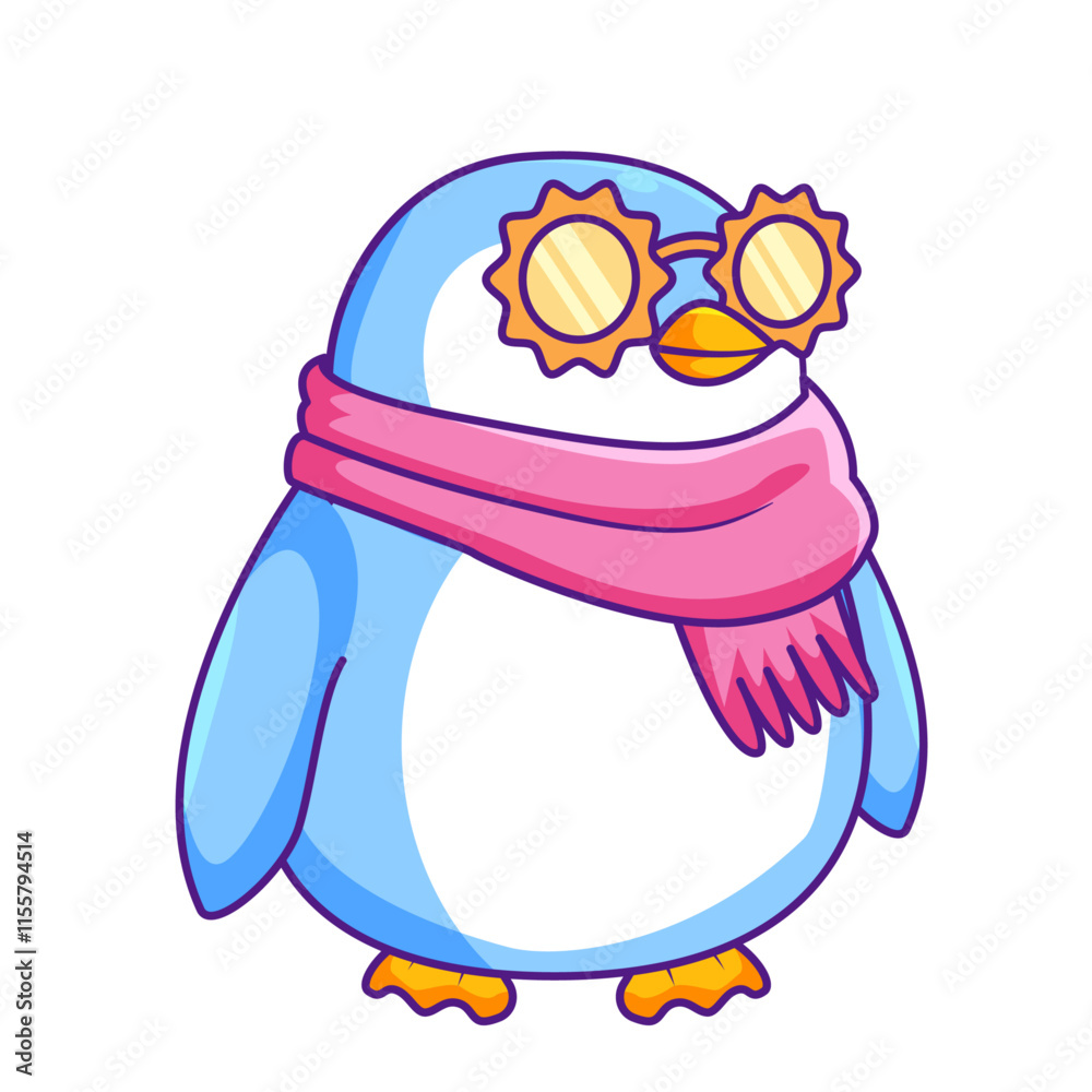 Obraz premium Cute Penguin Cartoon Kawaii Sticker. Character Vector Illustration
