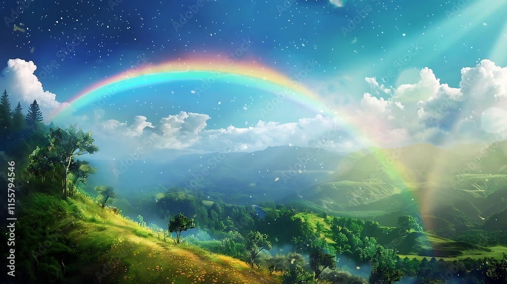 Obraz premium Rainbow on the background of the forest and pine trees in the fog