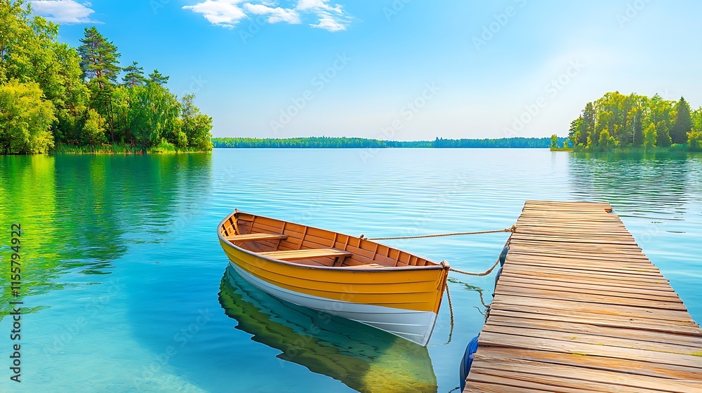 Tranquil Lakeside Scene with Wooden Pier and Boat Tranquil Lakeside Scene with Wooden Pier and Boat