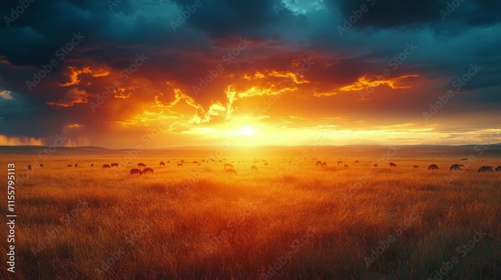 Obraz premium Hyenas roam in grasslands at sunset showcasing their natural behavior in the wild