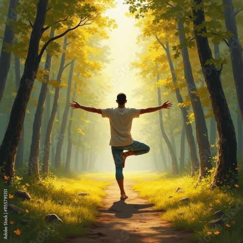 The image shows a man standing on a dirt path in the middle of a forest. He is wearing a white t-shirt and blue pants and is in a yoga pose with his arms stretched out wide. photo