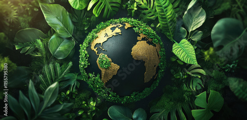A depiction of the Earth surrounded by vibrant green leaves and plants, symbolizing environmental awareness and the importance of protecting nature for future generations.