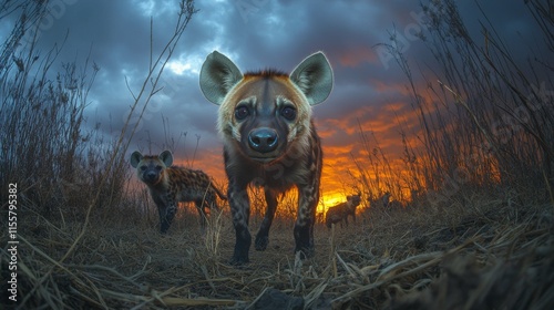 Hyenas roam in grasslands at sunset showcasing their natural behavior in the ...