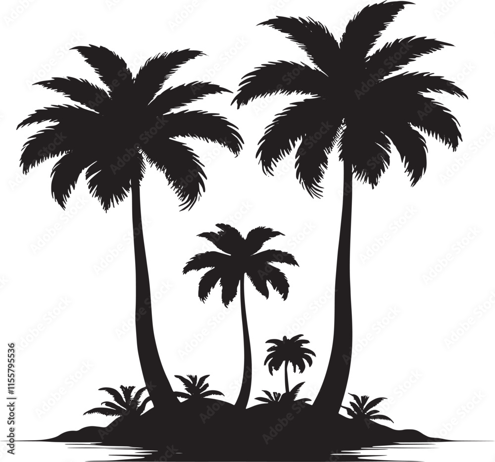 Naklejka premium Tropical Island Silhouette With Palm Trees Vector Illustration
