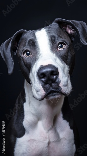 Close-up of alert black and white dog with bright eyes against dark background