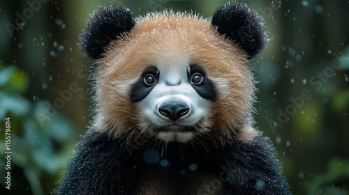 Adorable giant panda surrounded by golden autumn leaves in a serene forest se...