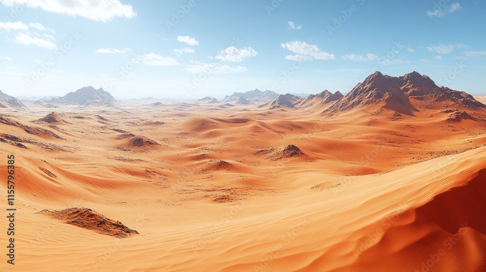 Fototapeta premium Expansive desert landscape with sand dunes and mountains under a bright sky.