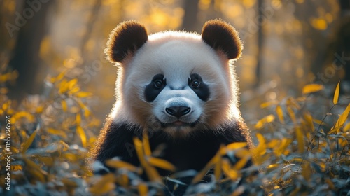 Adorable giant panda surrounded by golden autumn leaves in a serene forest se...