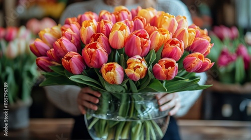 Colorful tulips arranged in a clear vase held by a person in a cozy indoor se...