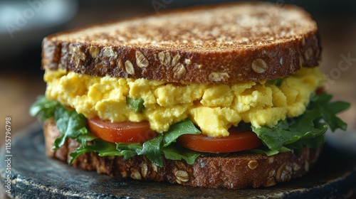 Breakfast sandwich featuring scrambled eggs, tomatoes, and arugula on whole g...