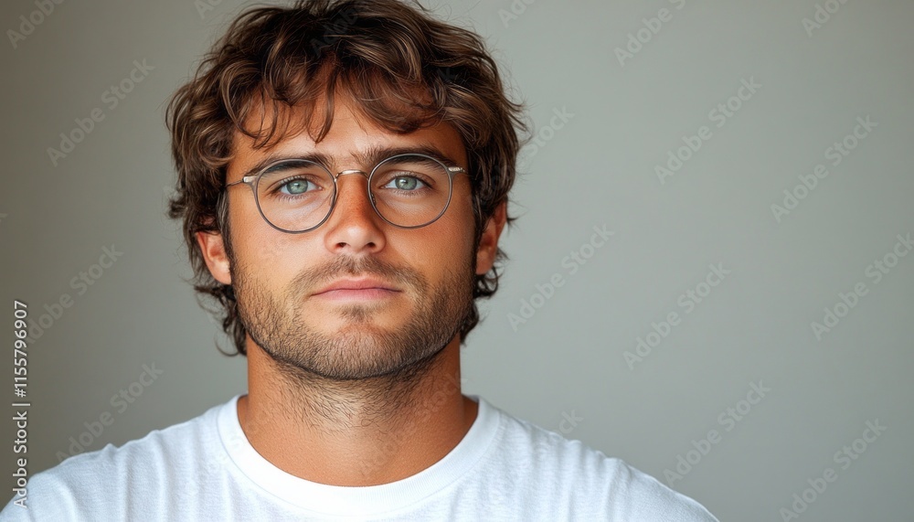 A young man gazes thoughtfully while wearing glasses and a white t-shirt A young man gazes thoughtfully while wearing glasses and a white t-shirt