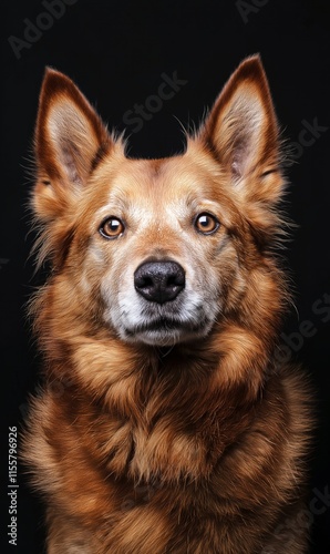 Golden brown dog portrait against black background with attention to detail