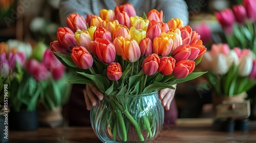 Colorful tulips arranged in a clear vase held by a person in a cozy indoor se...